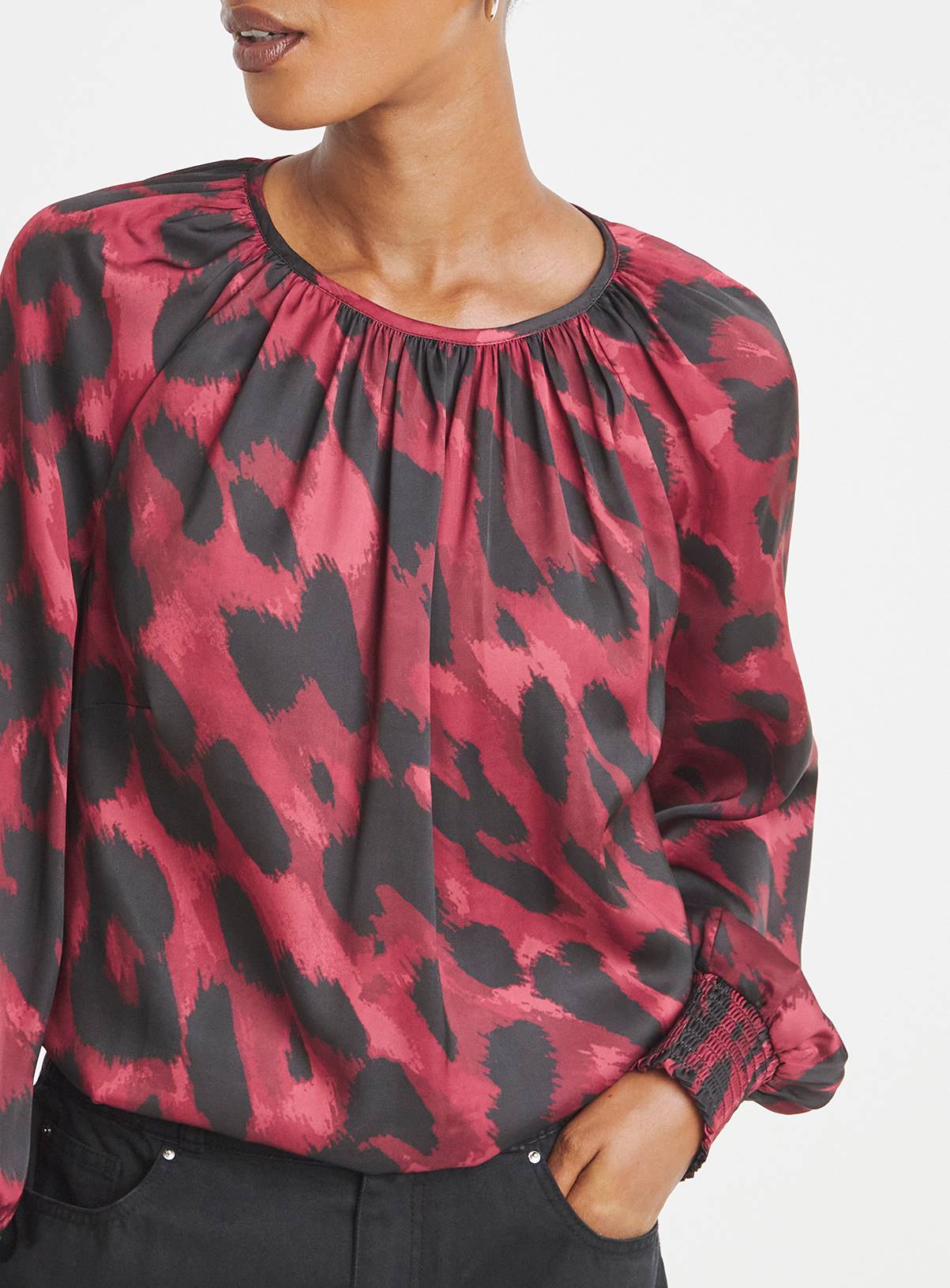 JD WILLIAMS Leopard Print Satin Raglan Blouse 32 - Image 4
